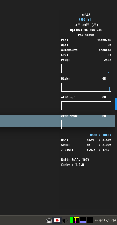 「antiX 19.2 IceWM」-「Conky」「日付表示形式変更」