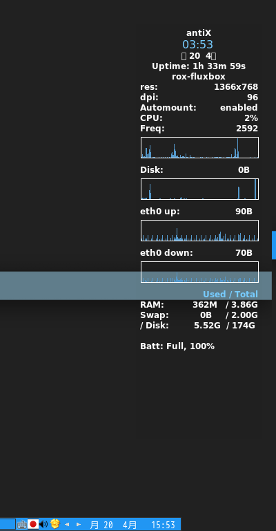 「antiX 19.2 Fluxbox」-「Conky」「デフォルトの表」