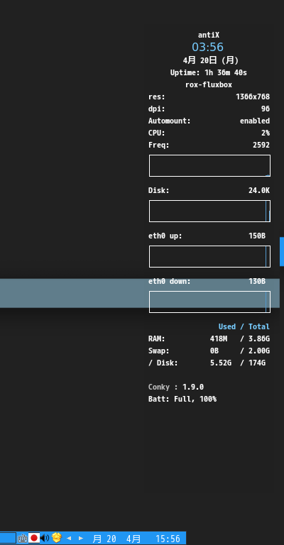 「antiX 19.2 Fluxbox」-「Conky」「日付表示形式変更」