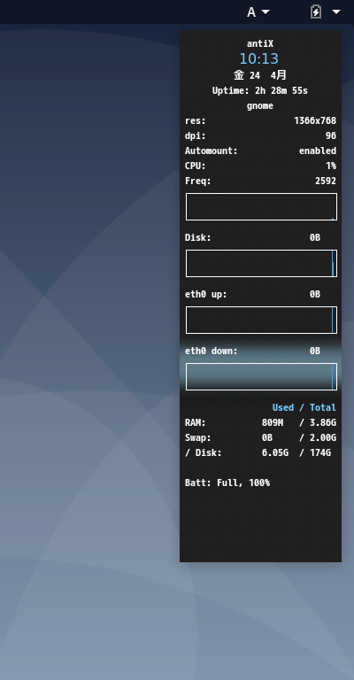 クリックでオリジナルのサイズで開きます 「antiX 19.2 GNOME」-「Conky」「フォント変更後」