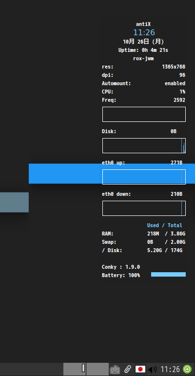 「antiX 19.3 JWM」-「Conky」「日付表示形式変更」