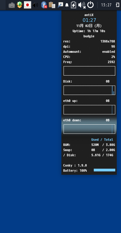 「antiX 19.3 BUDGIE」-「Conky」「日付表示形式変更」