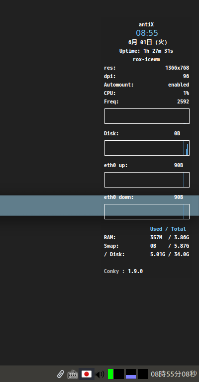 「antiX 19.4 IceWM」-「Conky」「日付表示形式変更」