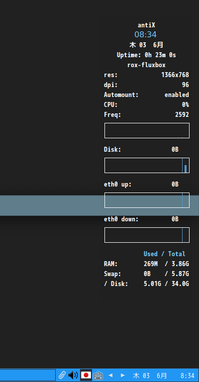 クリックでオリジナルのサイズで開きます 「antiX 19.4 Fluxbox」-「Conky」「フォント変更後」