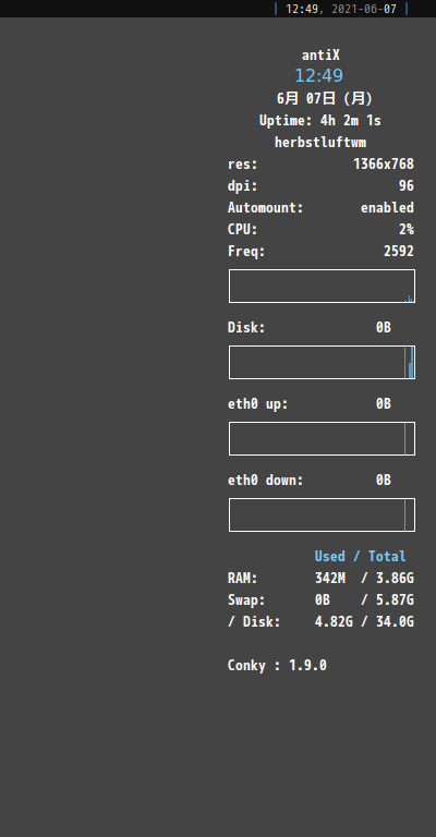 「antiX 19.4 herbstluftwm」-「Conky」「日付表示形式変更」