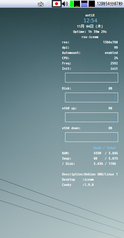 「antiX 21 IceWM」-「Conky」「日付表示形式変更」