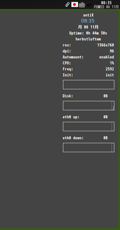 クリックでオリジナルのサイズで開きます 「antiX 21 JWM」-「Conky」「フォント変更後」