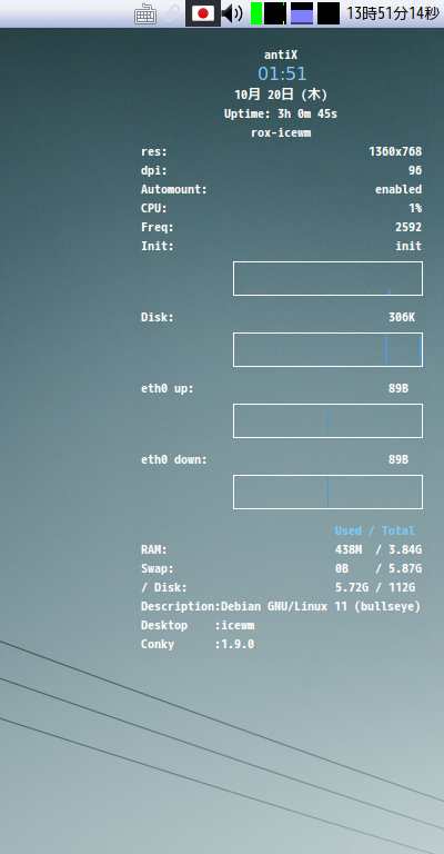 「antiX 22 IceWM」-「Conky」「日付表示形式変更」