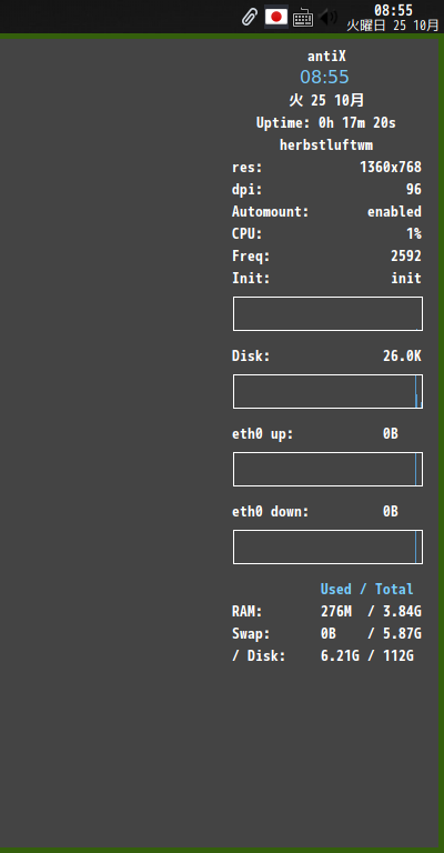 クリックでオリジナルのサイズで開きます 「antiX 22 JWM」-「Conky」「フォント変更後」