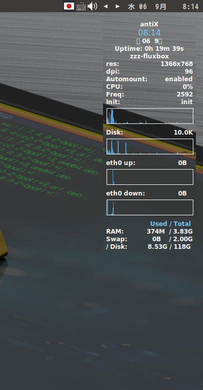 「antiX 23 Fluxbox」-「Conky」「デフォルトの表示」