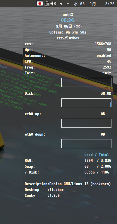 「antiX 23 Fluxbox」-「Conky」「日付表示形式変更」