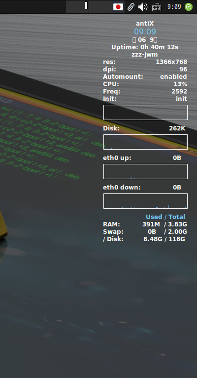 「antiX 23 JWM」-「Conky」「デフォルトの表」