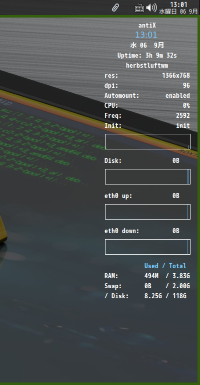 クリックでオリジナルのサイズで開きます 「antiX 23 JWM」-「Conky」「フォント変更後」