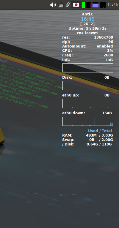 「antiX 23.1 IceWM」-「Conky」「デフォルトの表」