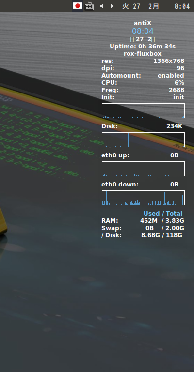 「antiX 23.1 Fluxbox」-「Conky」「デフォルトの表示」