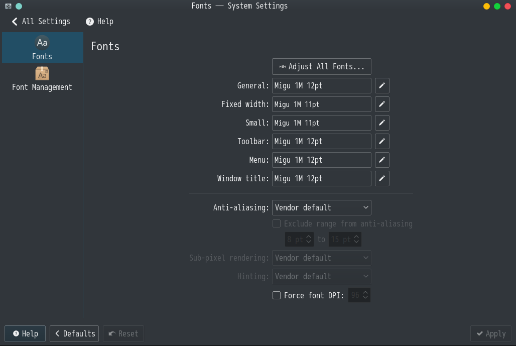 「PCLinuxOS 201906 KDE Plasma」-「フォント設定」