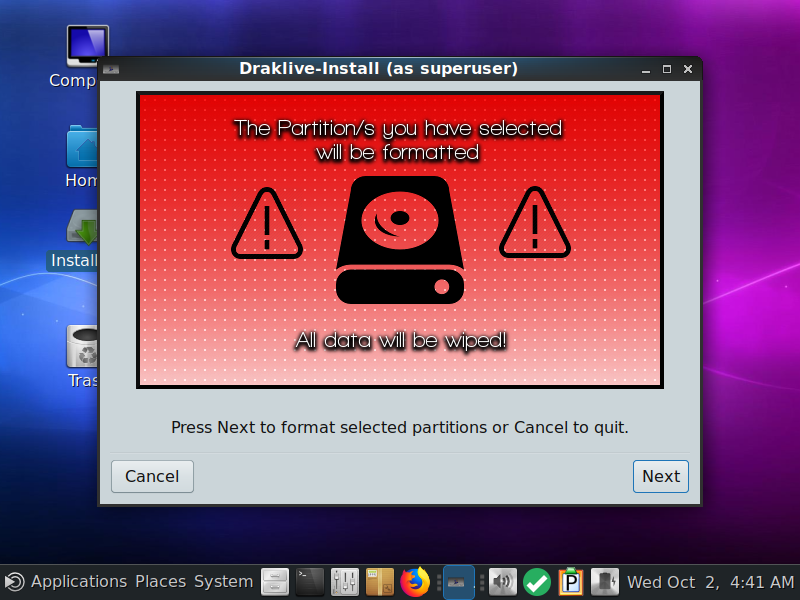 「PCLinuxOS 201909」-「インストール」「The Partition/s you have selected will be formatted」