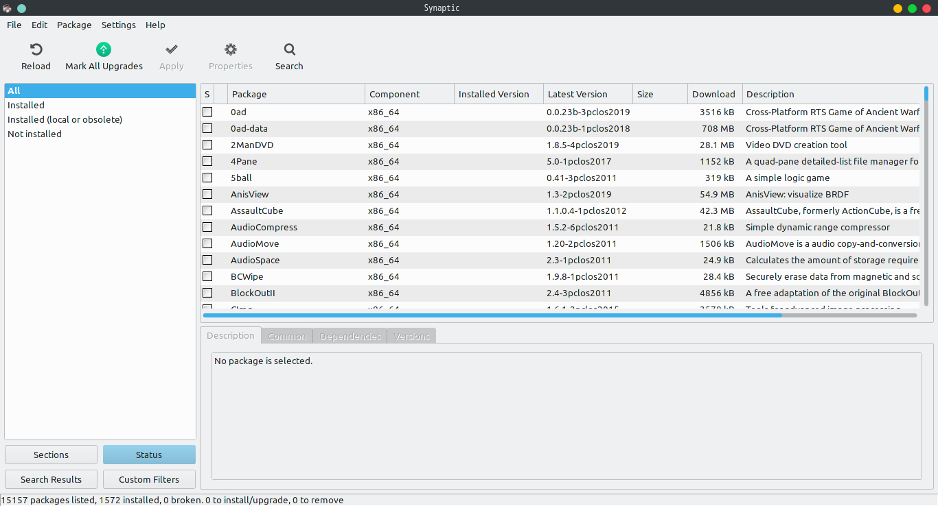 「PCLinuxOS 201909 KDE Darkstar」-「Synaptic」「起動直後」
