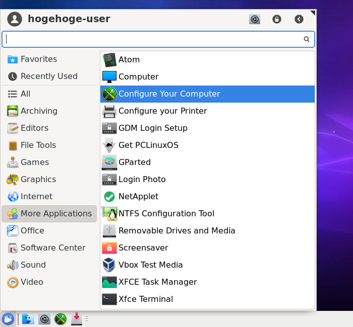 「PCLinuxOS 201909 XFCE」-「スタート」→「More Applications」→「Configure Your Conmputer」