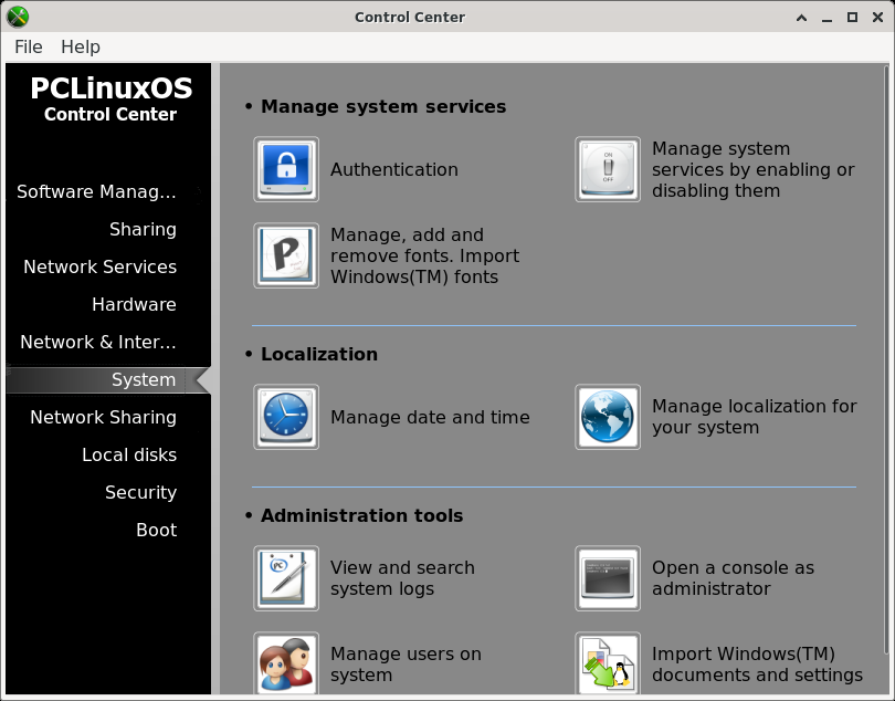 「PCLinuxOS 201909 XFCE」-「Control Center」「System」