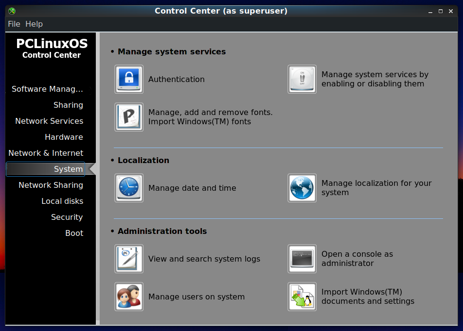 「PCLinuxOS 202010」-「Control Center（as superuser）」「System」