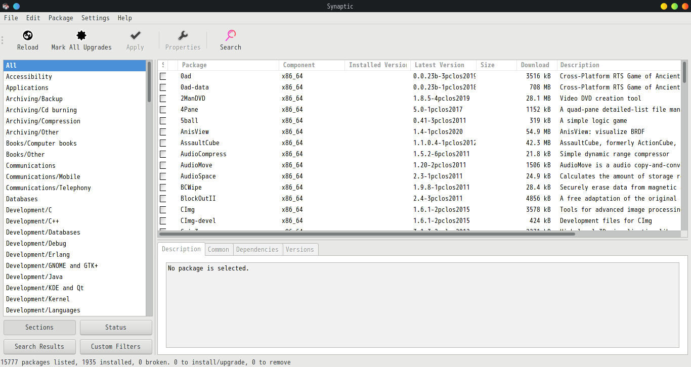 「PCLinuxOS 202010 KDE」-「Synaptic」「起動直後」
