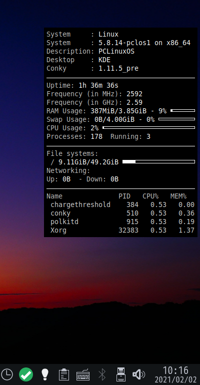 クリックでオリジナルのサイズで開きます 「PCLinuxOS 202010 KDE」-「Conky」「表示」