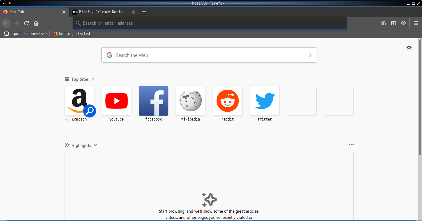 「PCLinuxOS 202010 Fluxbox」-「Firefox」「起動直後」