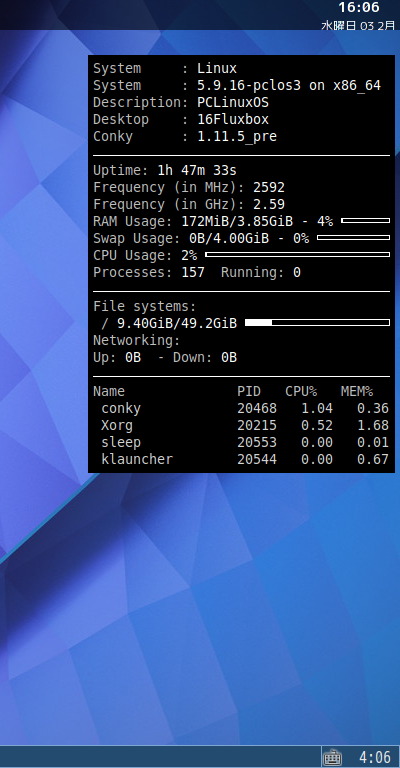 クリックでオリジナルのサイズで開きます 「PCLinuxOS 202010 Fluxbox」-「Conky」「表示」