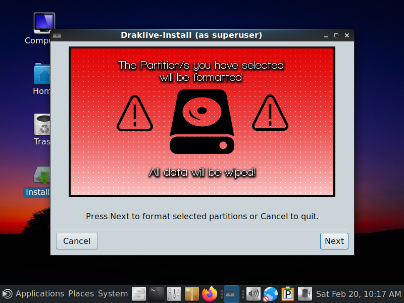 「PCLinuxOS 2021.02」-「インストール」「The Partition/s you have selected will be formatted」