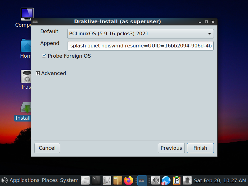 「PCLinuxOS 2021.02」-「インストール」「ウィザード後の設定」「完了」
