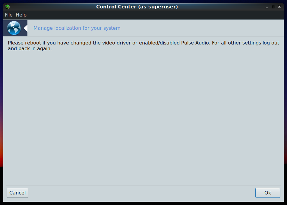 「PCLinuxOS 2021.02」-「Control Center（as superuser）」「Please reboot」