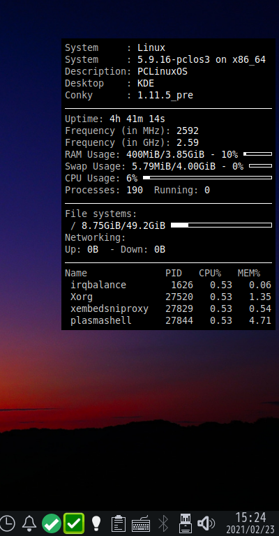 クリックでオリジナルのサイズで開きます 「PCLinuxOS 2021.02 KDE」-「Conky」「表示」