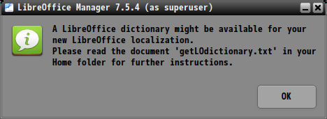 「PCLinuxOS 2023.05 MATE」-「LibreOffice Manager」「A LibreOfice dictionaly might be available!」