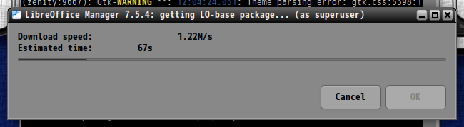 「PCLinuxOS 2023.05 MATE」-「LibreOffice Manager」「getting LO-base package」