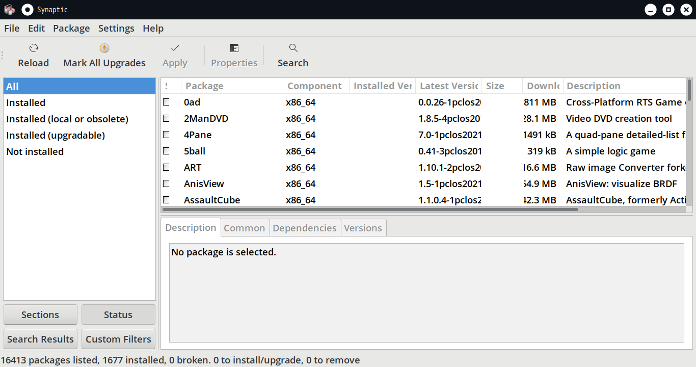 「PCLinuxOS 2023.05 KDE」-「Synaptic」「起動直後」