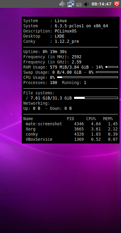 クリックでオリジナルのサイズで開きます 「PCLinuxOS 2023.05 LXDE」-「Conky」「表示」