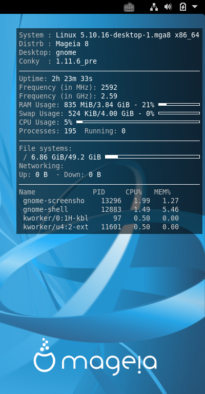 クリックでオリジナルのサイズで開きます 「Mageia 08 GNOME」-「Conky」「表示」