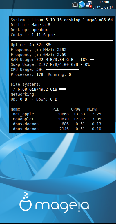 クリックでオリジナルのサイズで開きます 「Mageia 08 Openbox」-「Conky」「表示」
