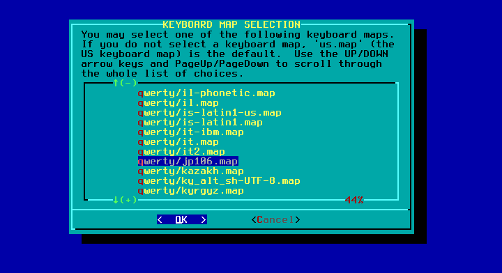 「Slackware 14.2」-「インストール」「キーボード設定」「完了」