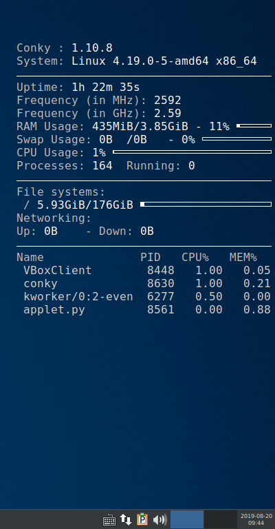 「SparkyLinux 5.8 XFCE」-「Conky」表示