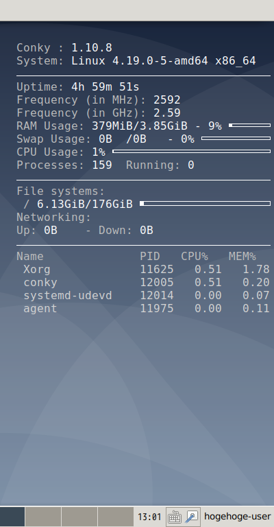 クリックでオリジナルのサイズで開きます 「SparkyLinux 5.8 XFCE」-「Conky」表示