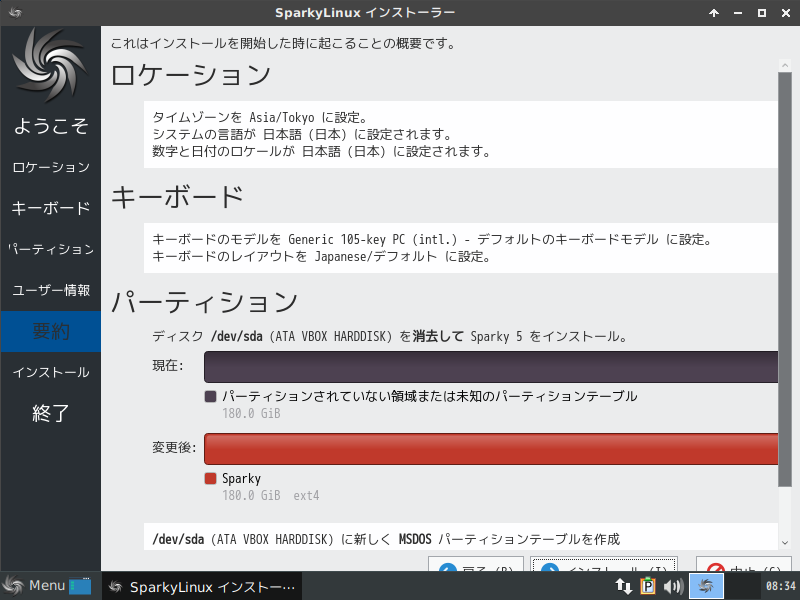 「SparkyLinux 5.9」-「インストール」「要約」