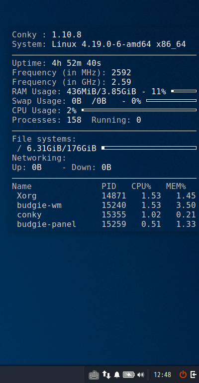 クリックでオリジナルのサイズで開きます 「SparkyLinux 5.9 BUDGIE」-「Conky」表示