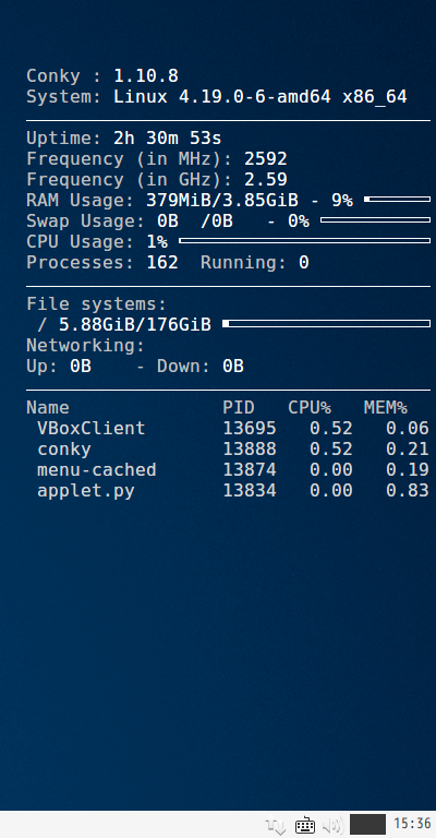 クリックでオリジナルのサイズで開きます 「SparkyLinux 5.9 LXDE」-「Conky」表示