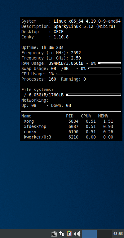 クリックでオリジナルのサイズで開きます 「SparkyLinux 5.12 XFCE」-「Conky」「表示」