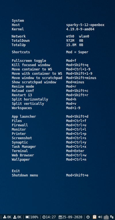 クリックでオリジナルのサイズで開きます 「SparkyLinux 5.12 i3wm」-「Conky」「デフォルトの表示」