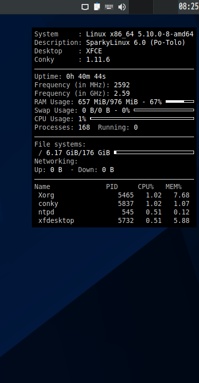 クリックでオリジナルのサイズで開きます 「SparkyLinux 6.0 XFCE」-「Conky」「表示」