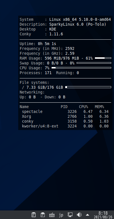 クリックでオリジナルのサイズで開きます 「SparkyLinux 6.0 KDE」-「Conky」「表示」
