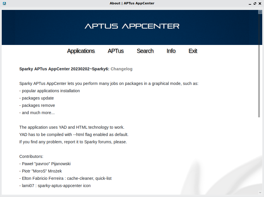 「SparkyLinux 6.6 LXQt」-「APTus」「バージョン情報」